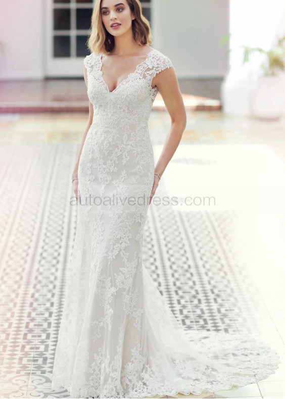 Cap Sleeves Ivory Lace Tulle V Back Romantic Wedding Dress